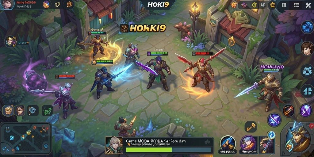 Screenshot HOKI9 menunjukkan pertarungan tim yang seru dalam game MOBA.