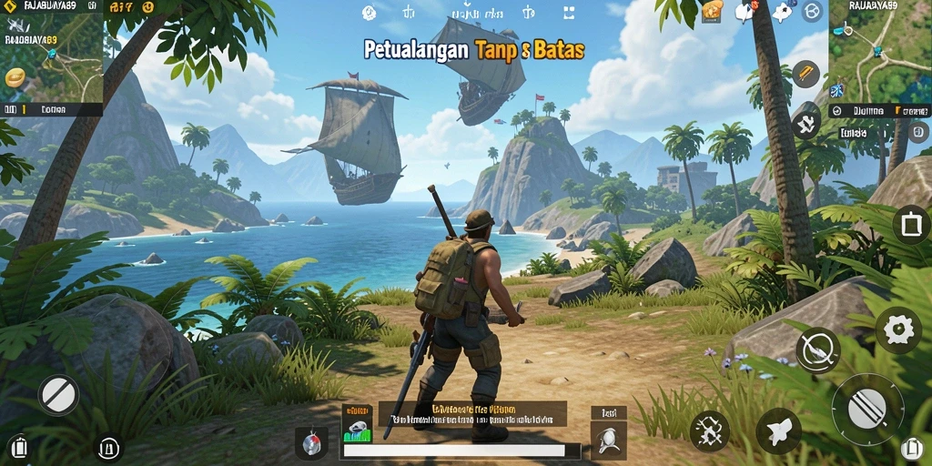 Tampilan gameplay RAJABUAYA89 yang menampilkan eksplorasi dunia terbuka yang luas dan menakjubkan.